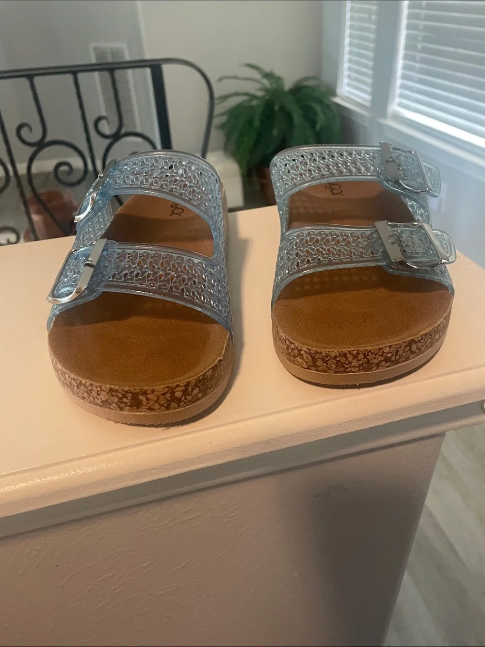 Sugar Light Blue Jelly Double-Buckle Slide Sandals with Brown Footbed